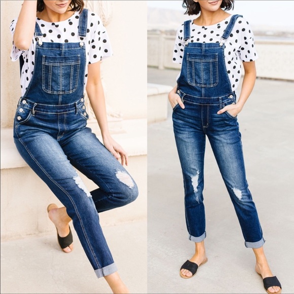 KanCan Los Angeles Distressed Dark Wash Stretch Overalls Size S - Picture 8 of 16